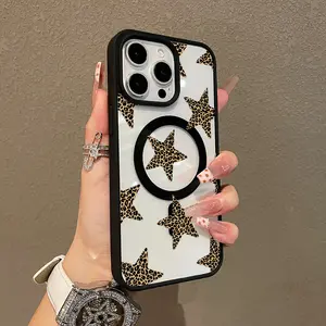 Adorable Magnetic Case for iPhone11/12/13/14/15/16/17/promax Leopard Print Stars MagSafe Compatible, Lightweight, Anti-Fall | Girly & Chic Style