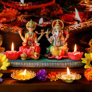 Indian God Ganesha Lakshmi Statue 5.3”H Polyresin Handmade with LED Diyas for Diwali Gifts Decor Home Office Mandir Temple Altar Puja Item Hindu Murti Pooja Sculpture