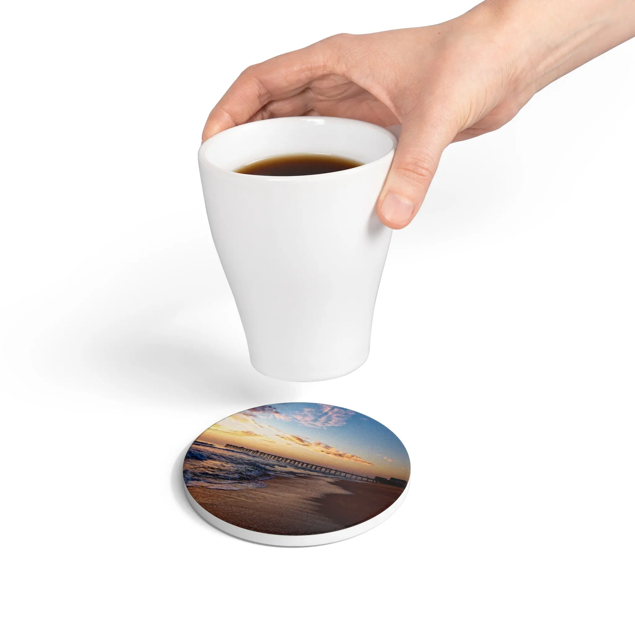 Premium Ceramic Art Coaster Sunrise Collection Handcrafted Glossy Surface Cork Backing 4" Round for Coastal Home Decor Stylish Beach Tableware