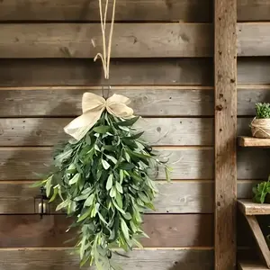 Artificial Olive Wreath Decoration, Realistic Olive Branches & Bow, Plastic Indoor Outdoor Hanging Decorations