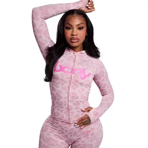 Women's Two-Piece Set, Fall Winter Hooded Graphic Print Zipper Jacket and Pants Set, Casual Tight-Fit Daily Wear, Fashionable Ladies Clothing