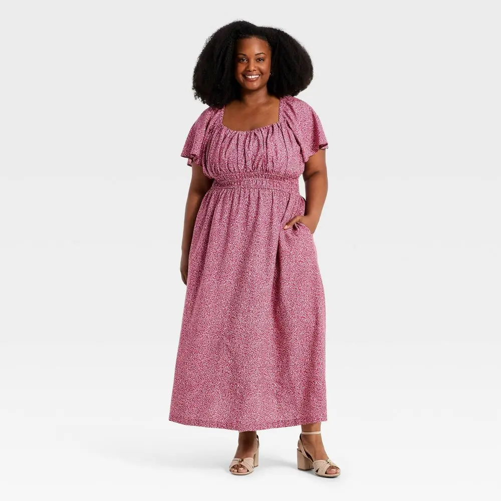 Women's Flutter Short-Sleeve Lightweight Woven Rayon Maxi Dress with Pocket - Ava & Viv