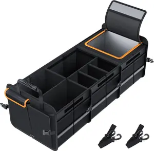Large Trunk Organizer With Built-in Leakproof Cooler Bag, 2 Tie-Down Straps, 4 Removable Dividers, Foldable Cover, Built with 2mm PE Board