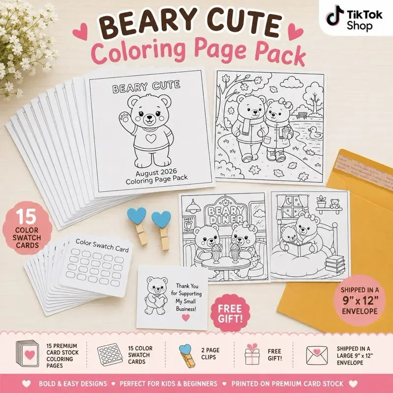 Premium Coloring Page Pack | August Beary Cute Theme | 15 Card Stock Coloring Pages