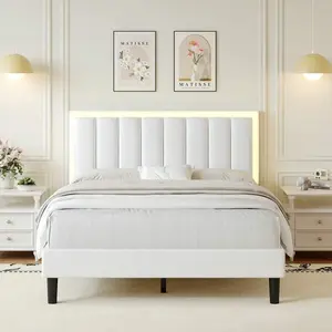Bed Frame, Faux Leather Upholstered Platform Bed Frame With LED Light, No Box Spring Needed, Queen Bed Frame , Easy Assembly, White/ Pink/ Black, Twin /Full/ Queen/ King (USB LED Strip)