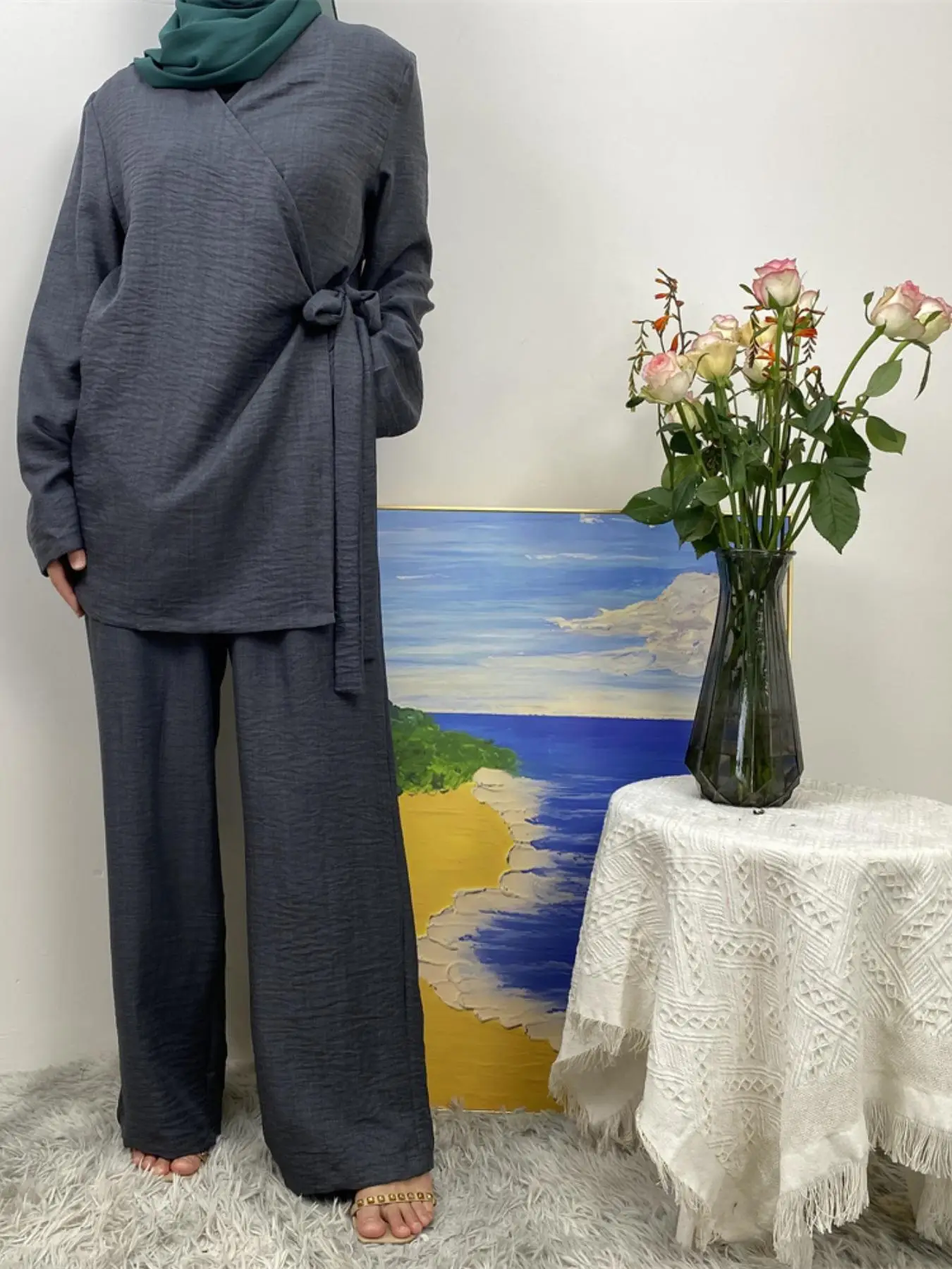 Women's Solid Color Long Sleeve Top & Wide Leg Pants Set, Modest Casual Two-piece Outfits for Daily Wear, Ladies Islamic Clothes for Spring