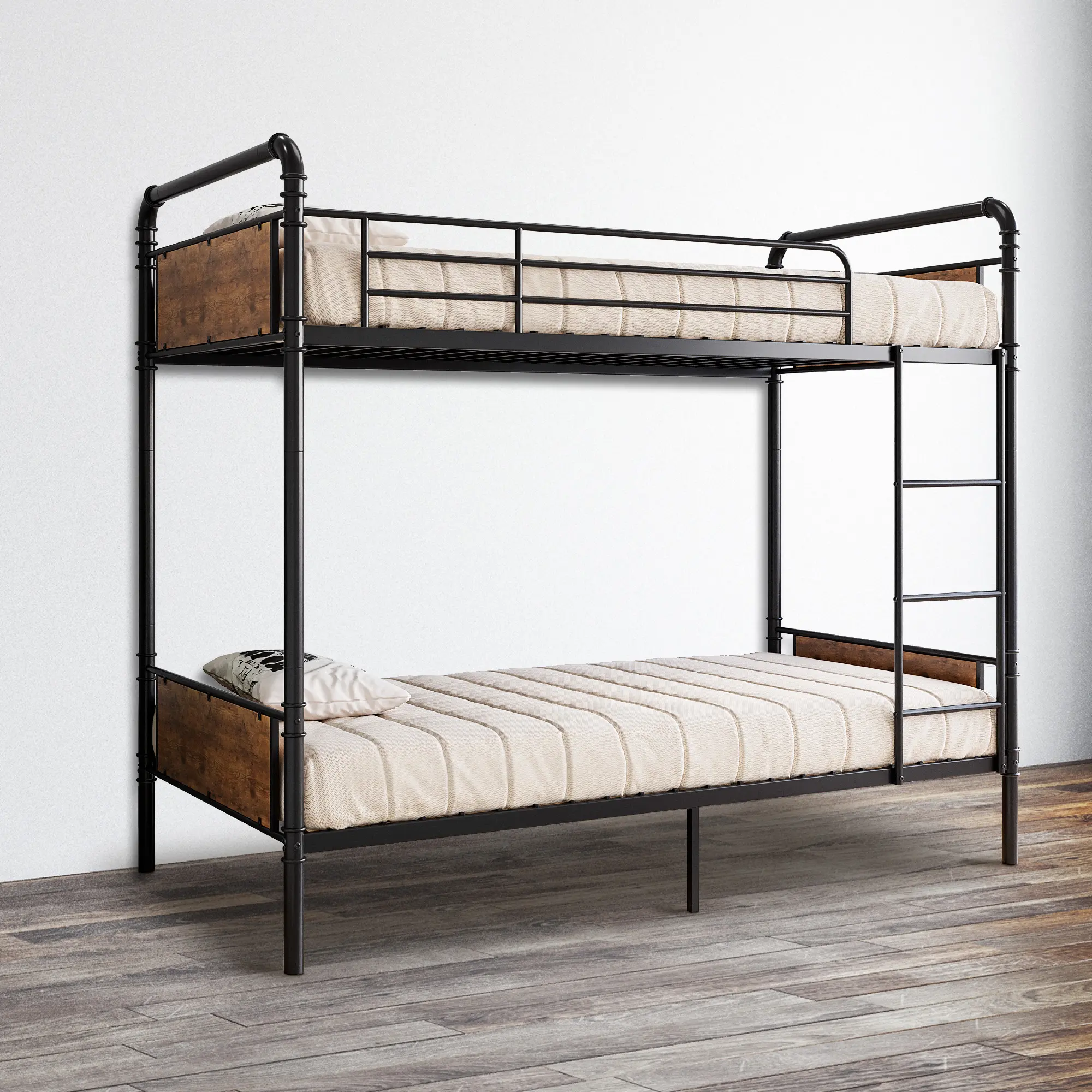 Modern Twin over Twin Bunk Bed with Metal and MDF Frame Space Saving Double Bunk Bed for Kids Teens Siblings Room Heavy Duty Platform Bedstead with High Guardrails Built-in Ladder No Box Spring Needed Small Space Apartment Furniture