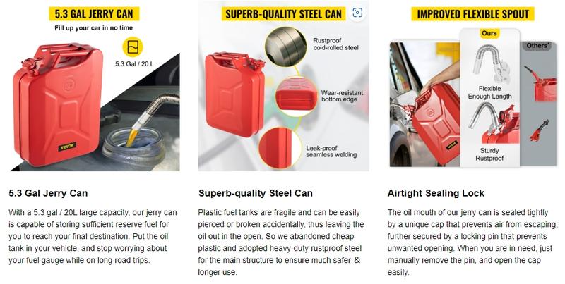 VEVOR Jerry Fuel Can, TikTokShopBlackFriday, 5.3Gal / 20L Portable Jerry Gas Can with Flexible Spout System, Rustproof ＆ Heat-resistant Steel Fuel Tank for Cars Trucks Equipment Bottles Organiser VEVOR Super Brand Day