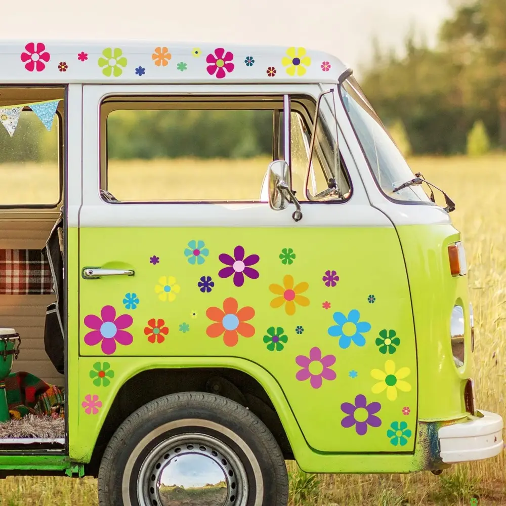 12 Sheets Flower Car Decals Daisy Stickers Flower Car Sticker Self Adhesive Vinyl Retro Groovy 60s 70s Hippie Stickers For Window Clings,Bumper,Wall,Mirror,Laptop,Truck Window Decoration 96 Pcs