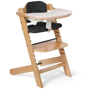 Cowiewie Natural Wooden High Chair for Babies & Toddlers 3-Tier Remove & 2 Adjustable Tray 8 Adjustable Highchair with Cushions Easy to Clean Black