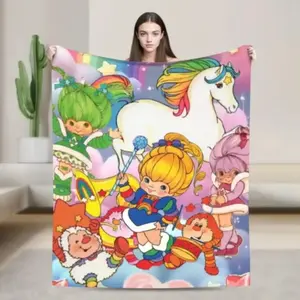 Rainbow Brite Flannel Blanket Vintage 80s Nostalgia Soft Warm Throw For Gamer Room Decor Dorm Essential Flannel