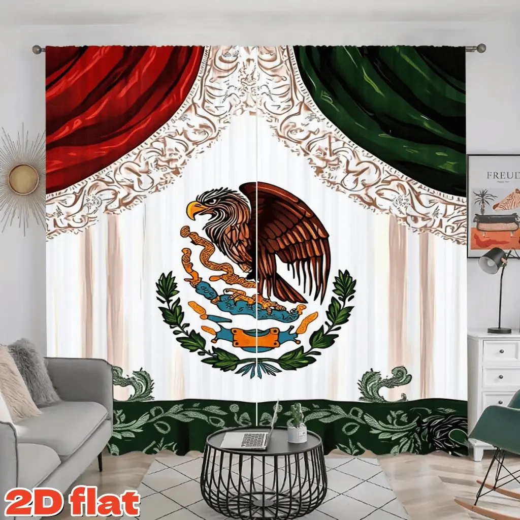2D Flat 2Pcs Mexican Eagle Pattern Curtains, Home Decoration Curtain, National Flag Style Drapes with Traditional Artwork, Pole Pocket Design, Semi Sunshade for Living Room, Bedroom, Balcony Decor, Anti-Privacy, Home Decorative Panels, Gift