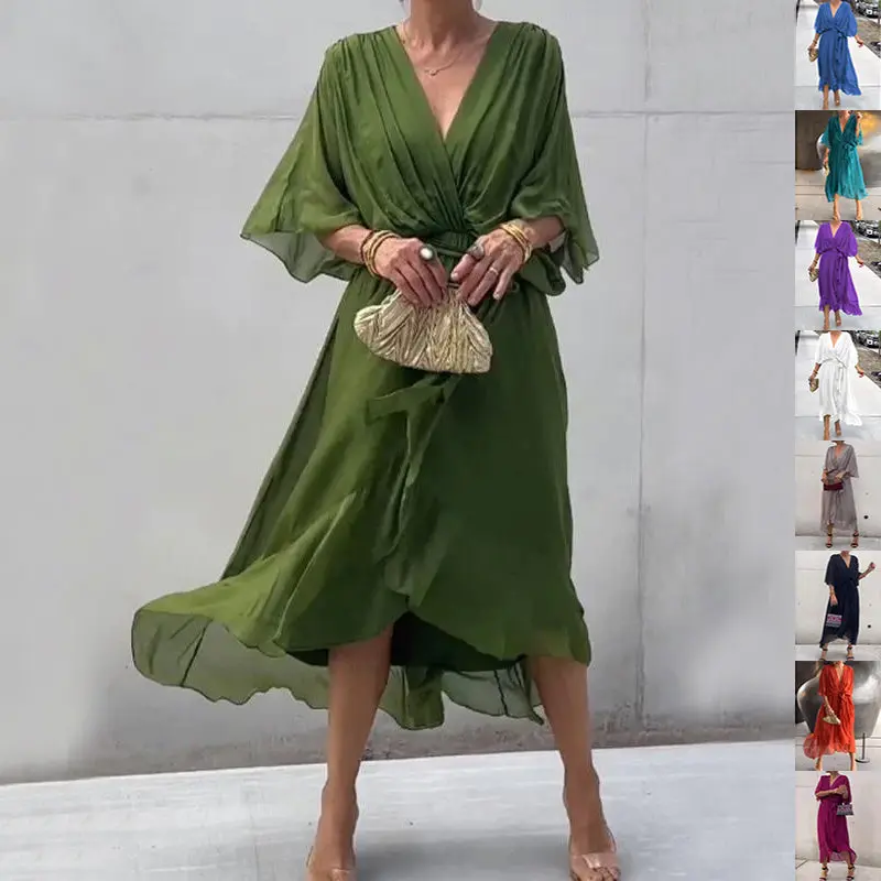 Women's Solid Fairy V-Neck Gown - Casual Polyester Midi Dress for Ladies, Comfortable Batwing Half Sleeves, Tied Waist, Irregular Hem, Princess Aesthetic, Plus Sizes Up to 5XL, High-Quality Fabric, Gowns