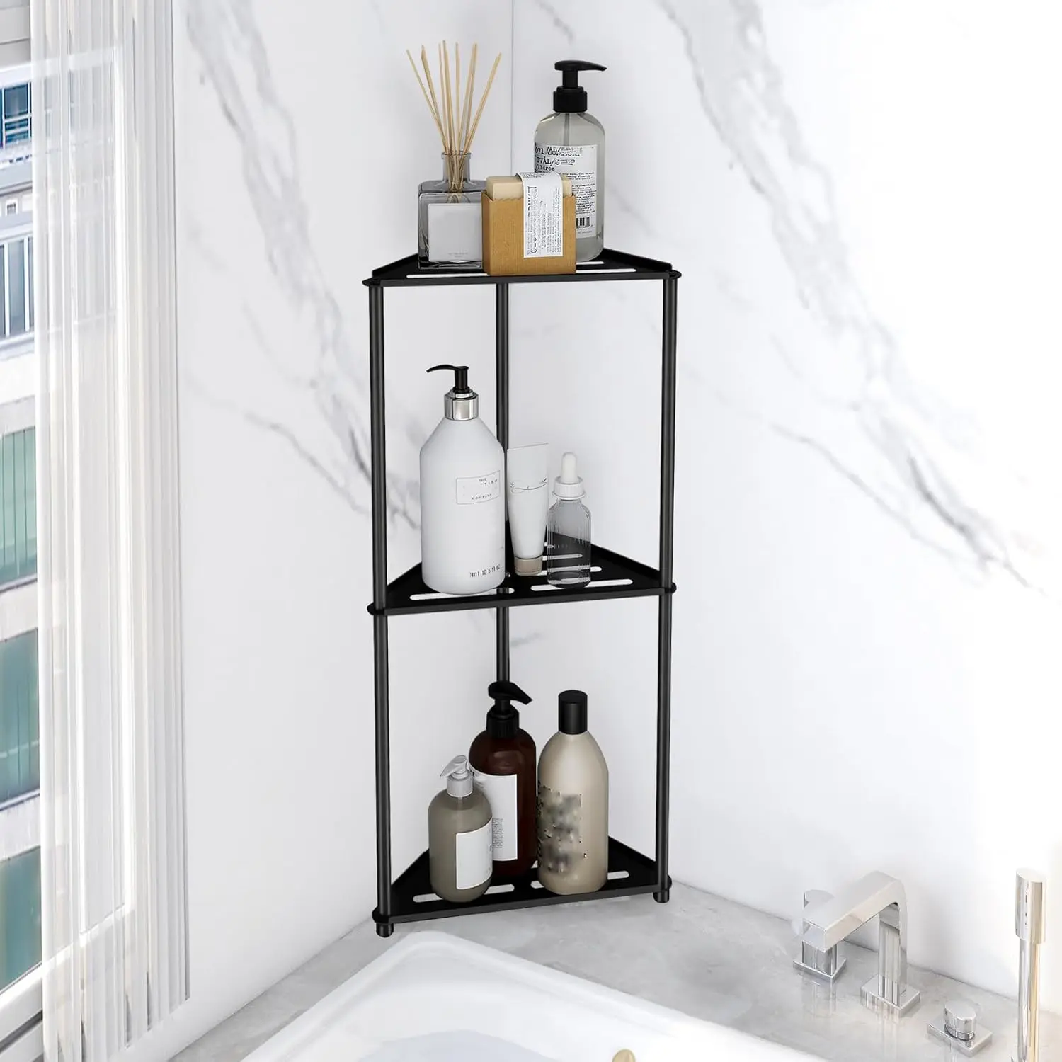 Vertical shower corner shelf, three-layer stainless steel shower storage rack, rust-proof corner shower shelf, corner shower rack bathroom shower stand, black