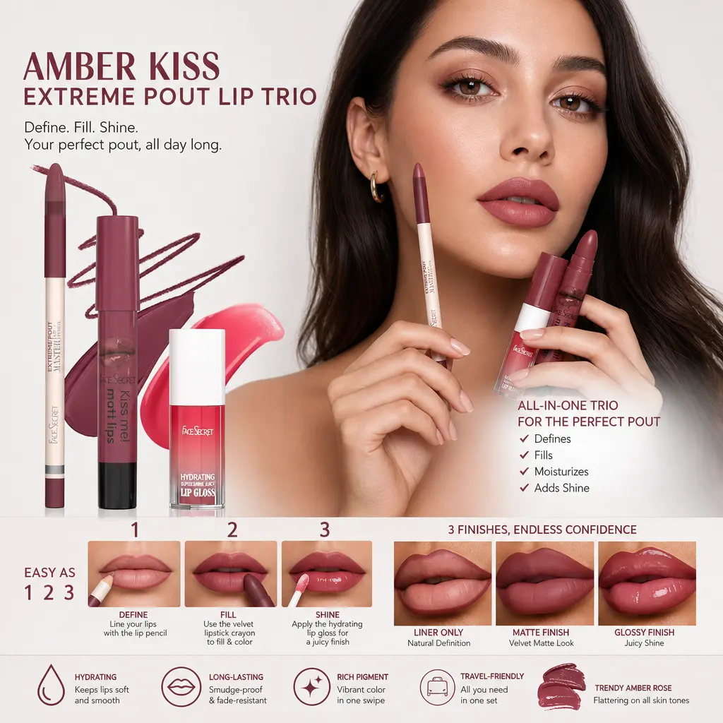 Extreme Pout Lip Trio Set, Hydrating Lip Gloss + Matte Lipstick + Smooth Lip Liner 3PCS Lip Makeup Kit, Long Lasting High Pigmented, For Daily Makeup & Gift Lip Products Glossy