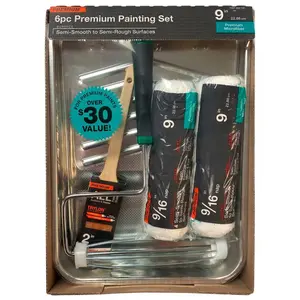 Premium 6 Piece Paint Applicator Kit with Tray, Woven Roller Covers, Roller Frame, and Paint Brush