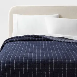 King Yarn Dye Crinkle Grid Quilt Navy Blue/Ivory - Threshold: Cotton Percale, Machine Washable, OEKO-TEX Certified