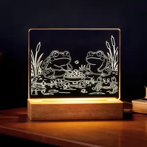 "Frog Popcorn Party Night Light - Acrylic LED Frame with Wooden Base, Cozy Bedside Lamp, Cute Animal Decor Gift for Kids, Friends, Her"