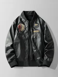 Men's Letter Embroidery & Indian Appliques Pu Leather Jacket, Loose Casual Long Sleeve Zip Up Outerwear for Fall & Winter, Men's Clothes for Daily Wear