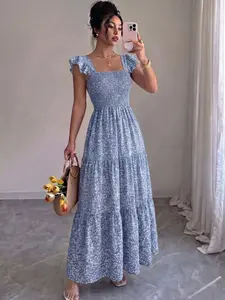 Summer Square Neck Backless Casual Ruffle Trim Waist Cinch Sleeveless Floral Midi Strap Dress, Elegant Tiered Hem, Perfect for Daily Wear