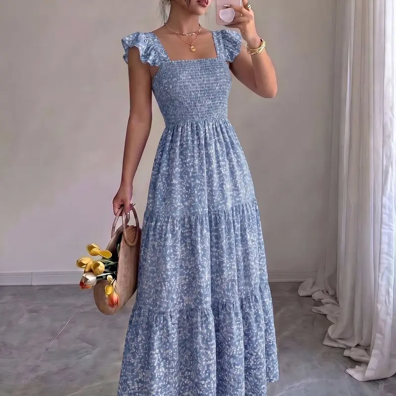 Summer Square Neck Backless Frill Trim Casual Beach Sundress, Loose Ruffle Trim Waist Cinch Sleeveless Boho Style Floral Print Midi Strap Dress, Elegant Tiered Hem, Perfect for Daily Wear, Womenswear