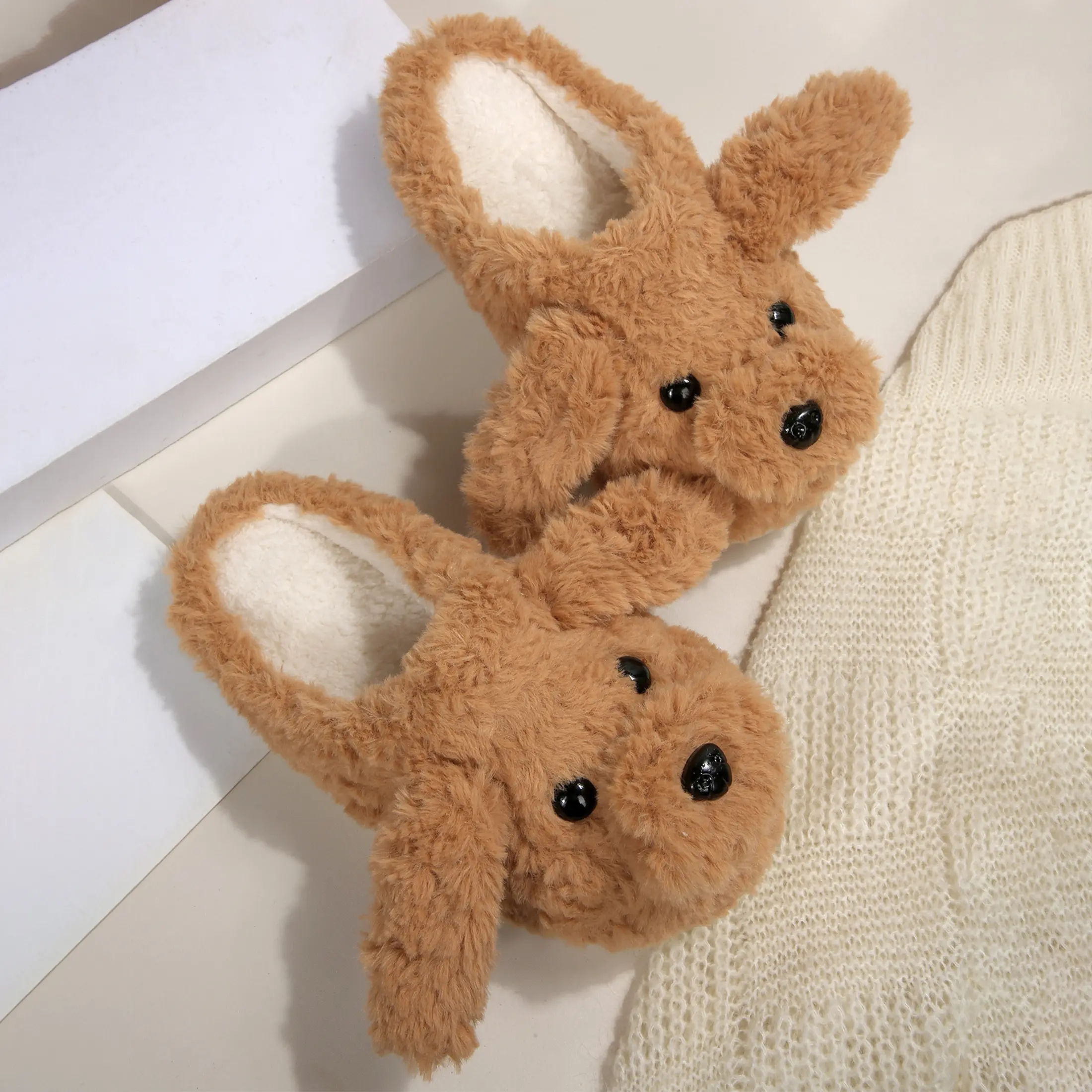 Women's Cute Dog Shaped Plush Slippers Plush Warm House Shoes, Adorable Puppy Design Indoor Outdoor Shoes