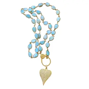 Larimar Necklace with Gold Pave Diamond Clasp. Pave Diamond Heart Pendant