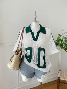 Plus Size Women Casual Openwork Knit Short Sleeve Top,Holiday Outfits,Summer,Going Out Tops, Vintage Tops Women, Preppy Tops,Beach,Vacation,Green And White,European Summer,Streetwear,Graphic Tees