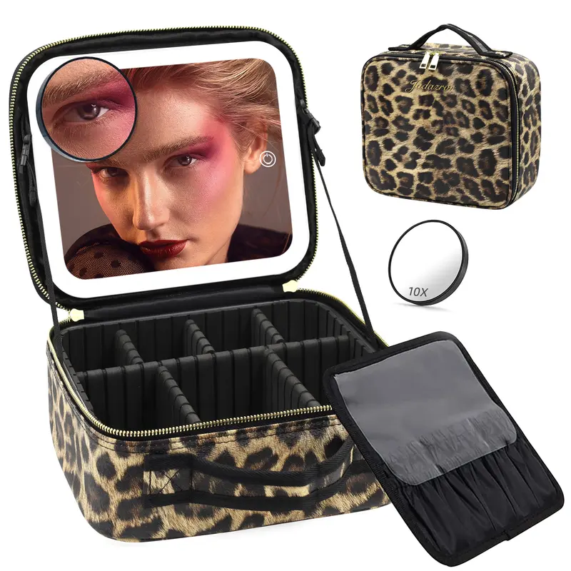 Women's Portable Lighted Travel Makeup Organizer Case - 3 Dimmable Color Settings, Rechargeable, Adjustable Dividers, 10 Makeup Brush Slots, 10x Magnifying Mirror, Beauty Storage Pouch, Vanity Essential, Gifts for Adults