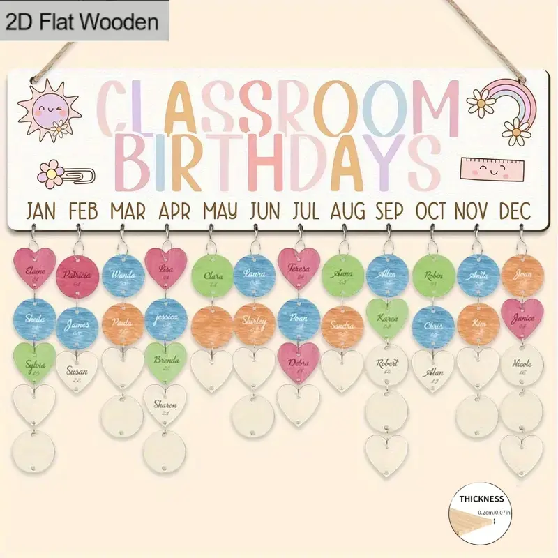 Wooden Birthday Reminder Calendar Board, Wall Decor, Cute Back-To-School Classroom Decoration, Classroom Supplies Charts, Aesthetic School Supplies, Birthday Tracking Cards with Heart/round Labels