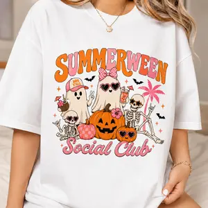 Summerween Social Club Shirt, Cute Ghost Pumpkin Tee, Retro Spooky Summer Graphic T Shirt, Pink Halloween Vacation Tee