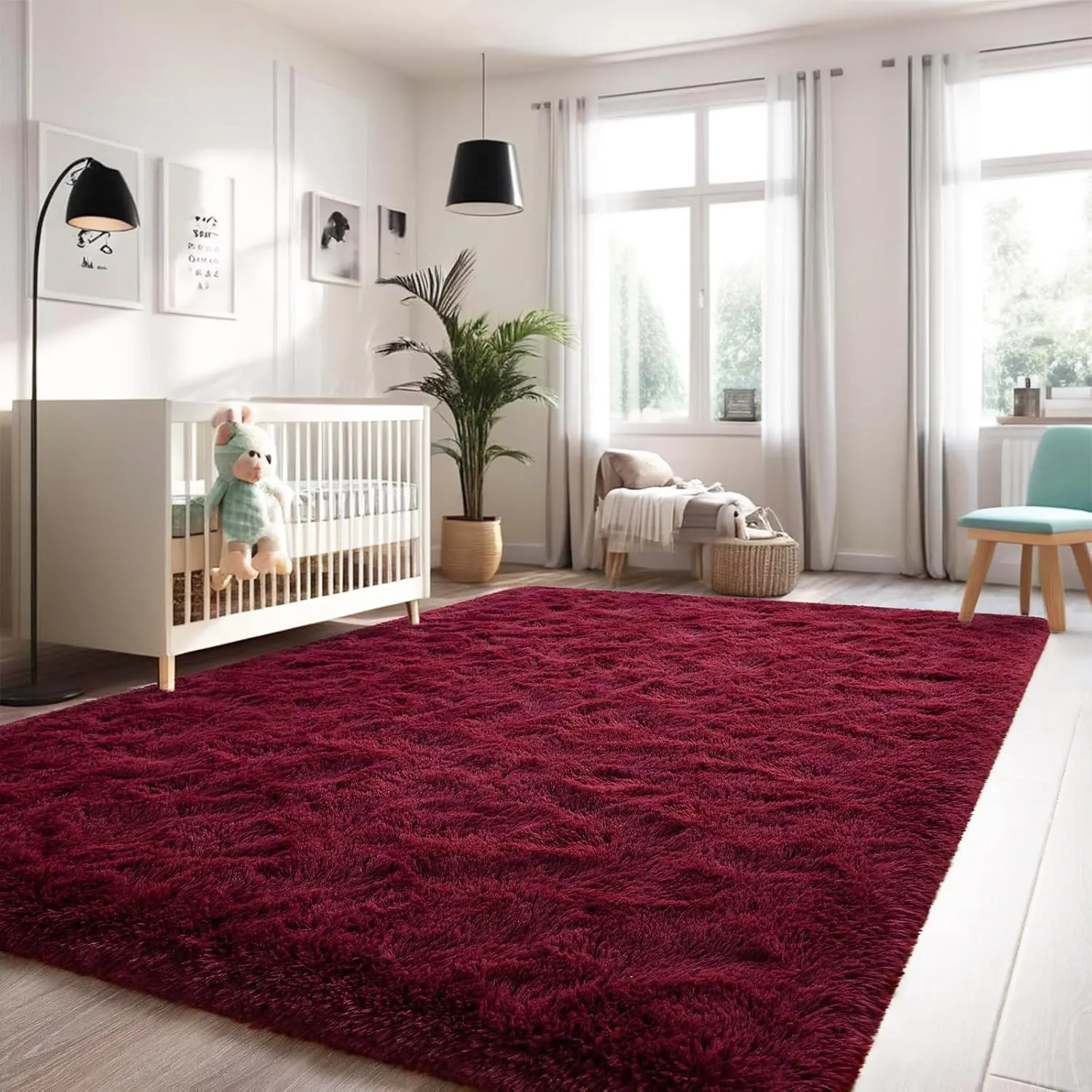 BLIOWL Burgundy Red Fluffy Area Rug - Super Soft, Cozy, Shaggy, Furry Modern Rug with Extra Thick Plush Surface, Upgraded Non-Slip Bottom, 4 Carpet Stickers, Dry Clean Only, Multiple Sizes for Living Room Bedroom Decor, Super Soft Rug, Cozy Area Rug
