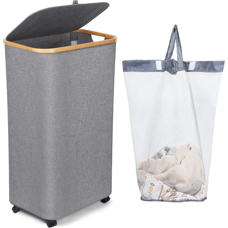 Zhengwanhh09j Storage Baskets Classic Rectangular Laundry Hamper Bag, 100L Bamboo Oxford Large Single-Compartment Laundry Basket with Lid, Wheels, Portable Foldable Design & Adjustable Handle (17.4x13x29.5 in), Laundry Hampers