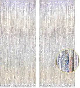 2 Pack 3.2ft x 8.2ft Silver Metallic Tinsel Foil Fringe Curtains, Door Streamer Photo Booth Backdrop for Birthday Graduation Engagement Bridal Shower Bachelorette Baby Shower Party Decorations