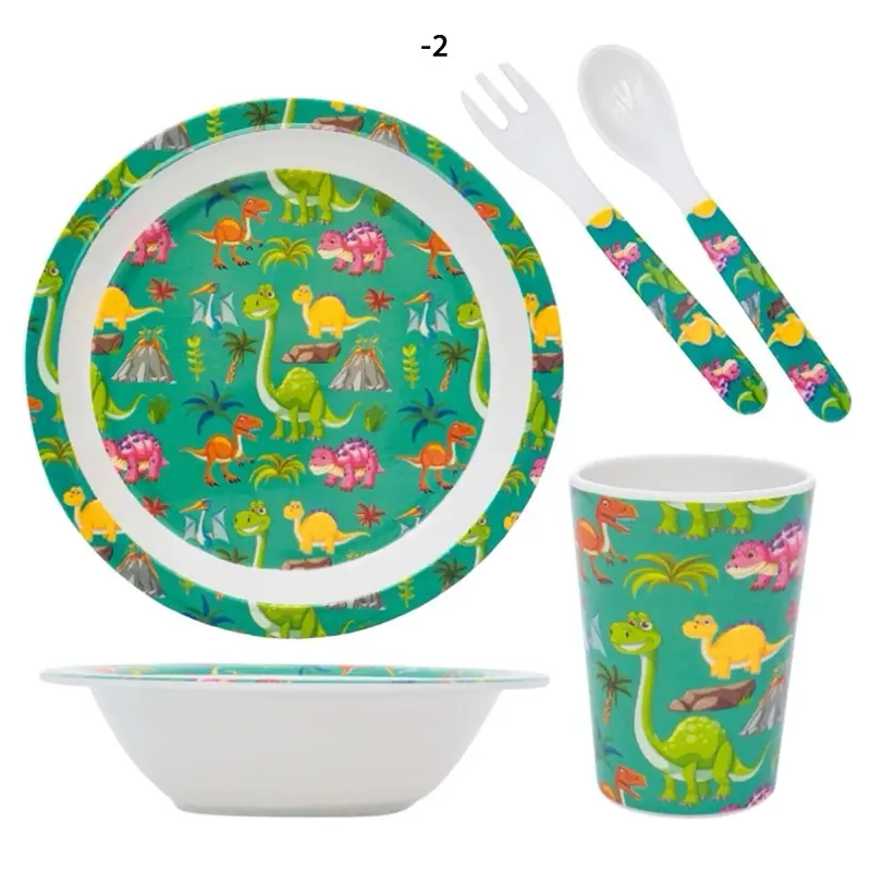5PC Little Mimos Kids Dinnerware Set - Dinosaur Theme with Plate, Bowl, Cup, Fork & Spoon - Safe & Durable