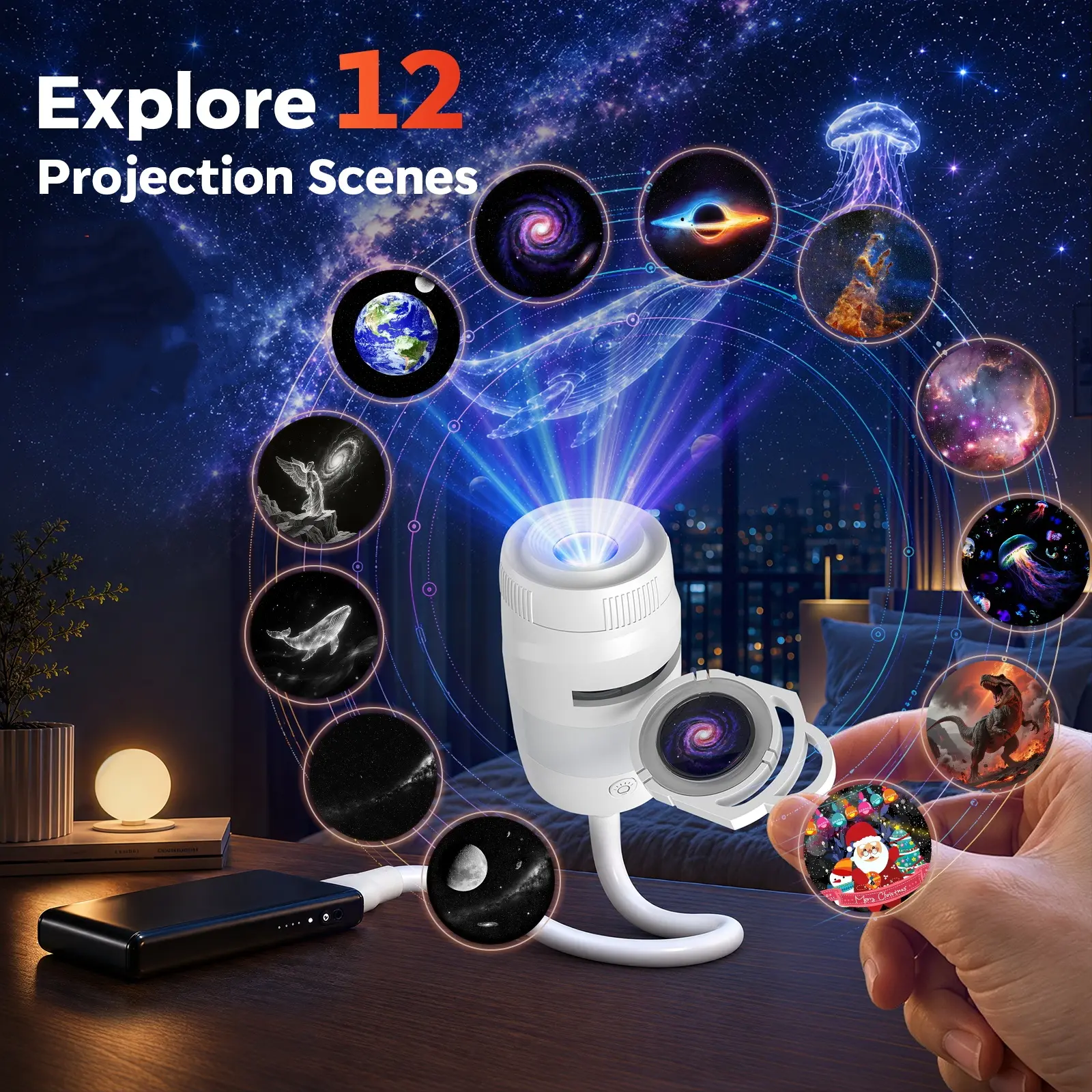 Galaxy Projector Light, USB Starry Sky Night Light Projector, Mini Projection Lamp for Bedroom Ceiling Wall Room Decor (3/12 Projection Films) Halloween/Christmas Gift sohochic