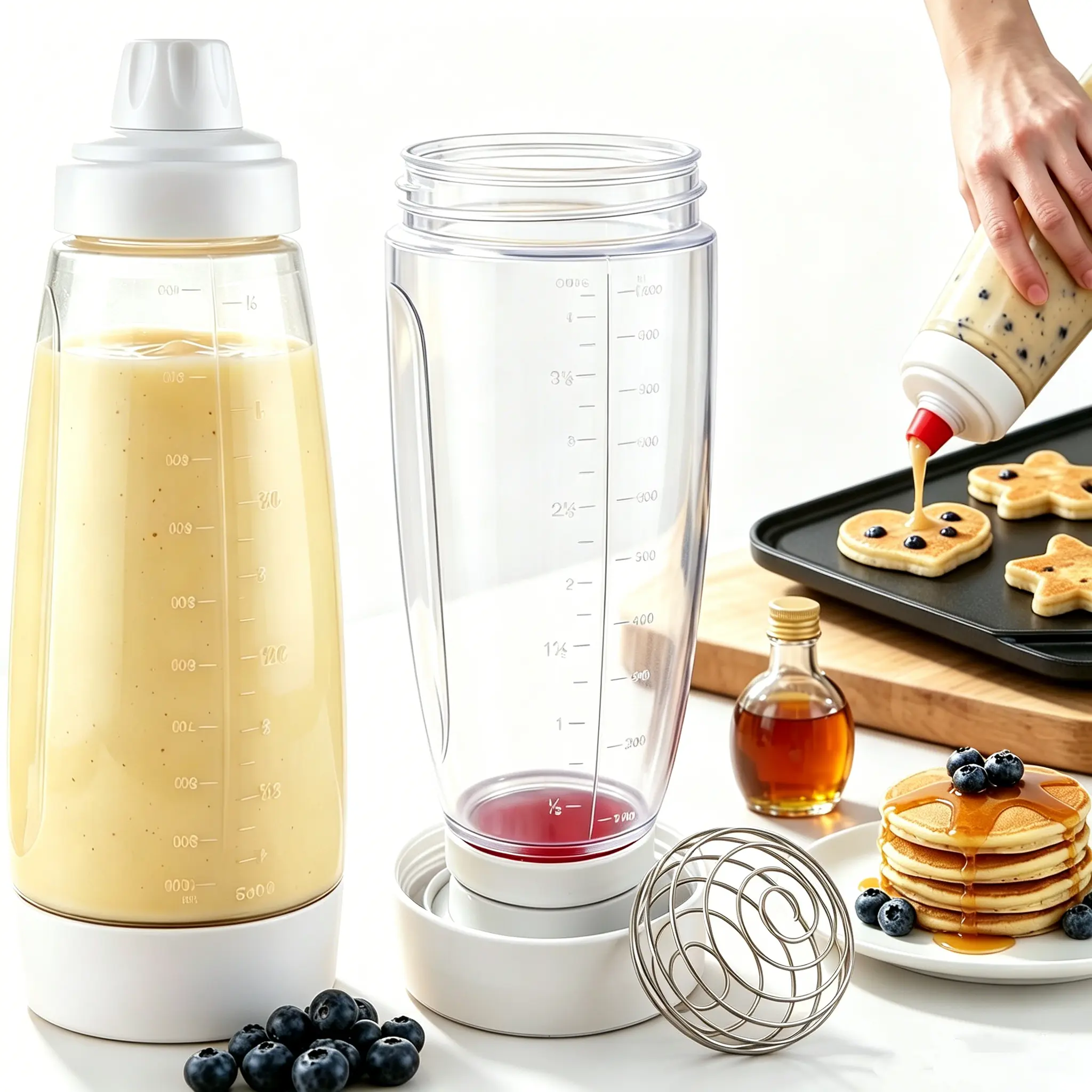 Handheld Pancake Batter Dispenser Mixer with Smooth Metal Blender Balls, 4.5 Cups Wide Mouth Reusable Silicone-Plastic Bottle, Easy-Pour Spout Squeezer Bakeware for Party Pancakes Waffles, Home Kitchen Gadget, Plastic-Silicone