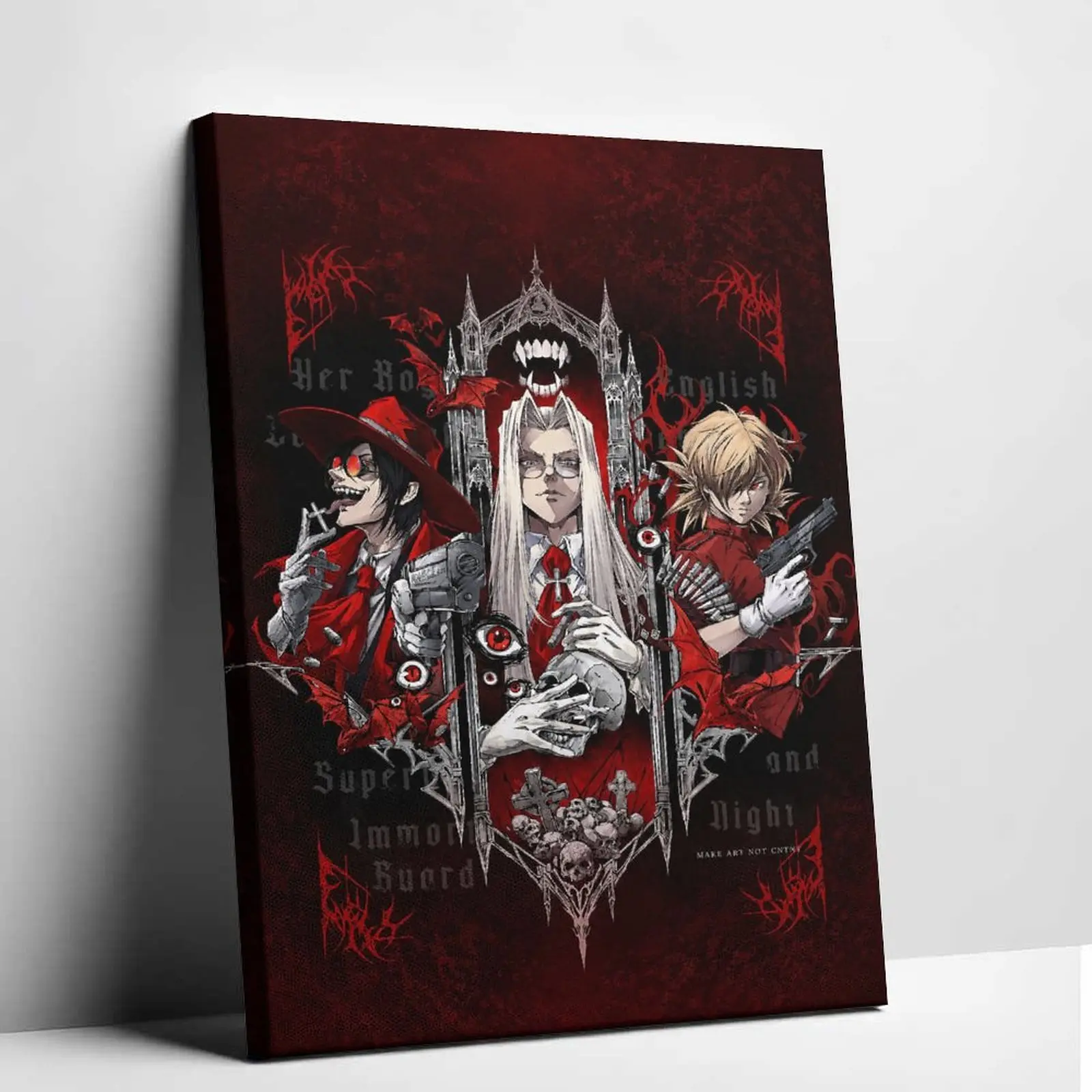 Hellsing Alucard Seras Canvas Wall Art Vampire Guns Poster Print Vintage Manga Gothic Skull Canvas Painting Cool Dark Aesthetic Red Trio Picture Decor for Living Room Bedroom Studio