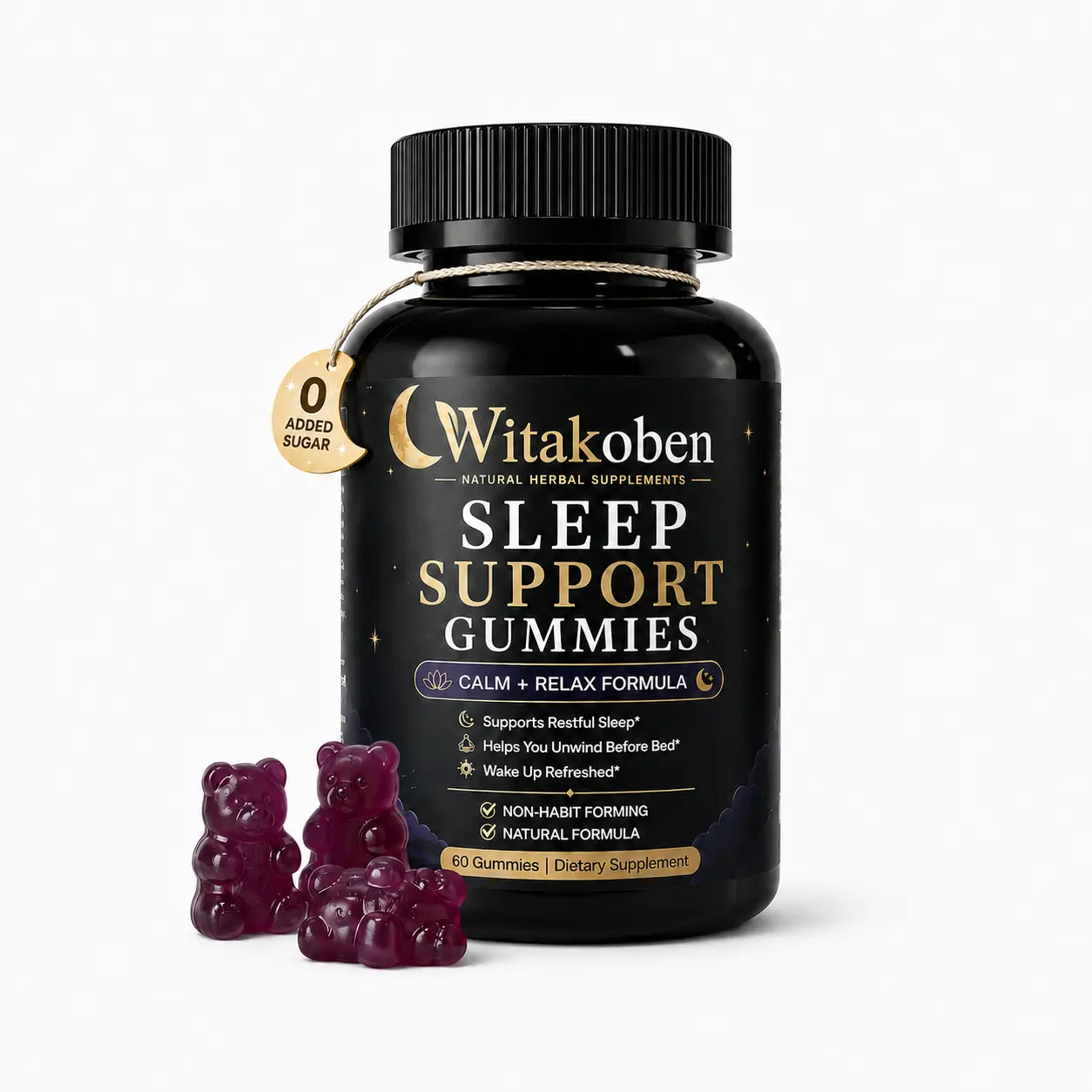 Witakoben Melatonin Gummies, Sleep Support Dietary Supplement, Pectin-Based Gummies, 60 Count, 30 Servings