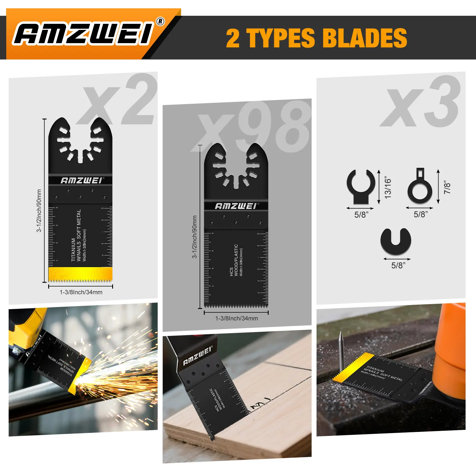 AMZWEI 100 Piece Quick Release Oscillating Tool Blades, Professional Curved Edge Titanium Replacement Blades for Metal & Wood Cutting, Power Tool Accessories Compatible with Dewalt Milwaukee Ryobi Rockwell Fein, Quick Release Blades, 5 Titanium-Coated Bla