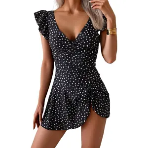 One Piece Swimdress Tummy Control Ruffle Swimsuit for Women Tie Knot Swim Dresses V Neck Bathing Suit Skirt