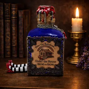 Brews and Balms Over the Rainbow...Under the House Color Changing Potion Bottle Prop 5" Tall 4.5" Wide Square Glass Bottle with Magic Transformation