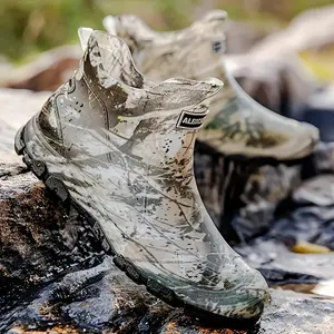 Men’s Camo Waterproof Rain Boots – Durable, Slip-Resistant Short Ankle Boots for Outdoor Work, Fishing, and Gardening with Reinforced Rubber Sole and Pull Tab Design, Gardening Footwear | Camouflage Footwear | Slip-Resistant Footwear
