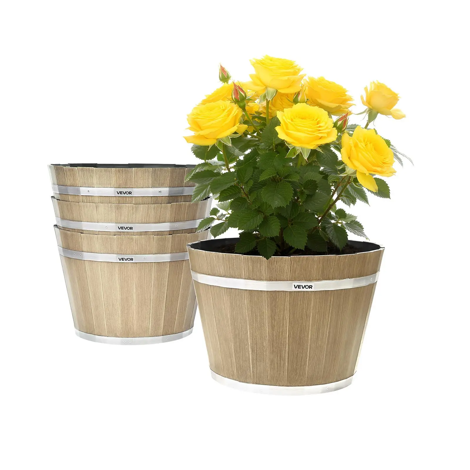 【SummerFinds】VEVOR Plant Pots, 4 Pack 11.81 inch Whiskey Barrel Planters with Drainage Holes, Large Outside Plastic Decoration Flower Pot Imitation Wine Barrel Design for Indoor Outdoor Garden Home Plants, Brown