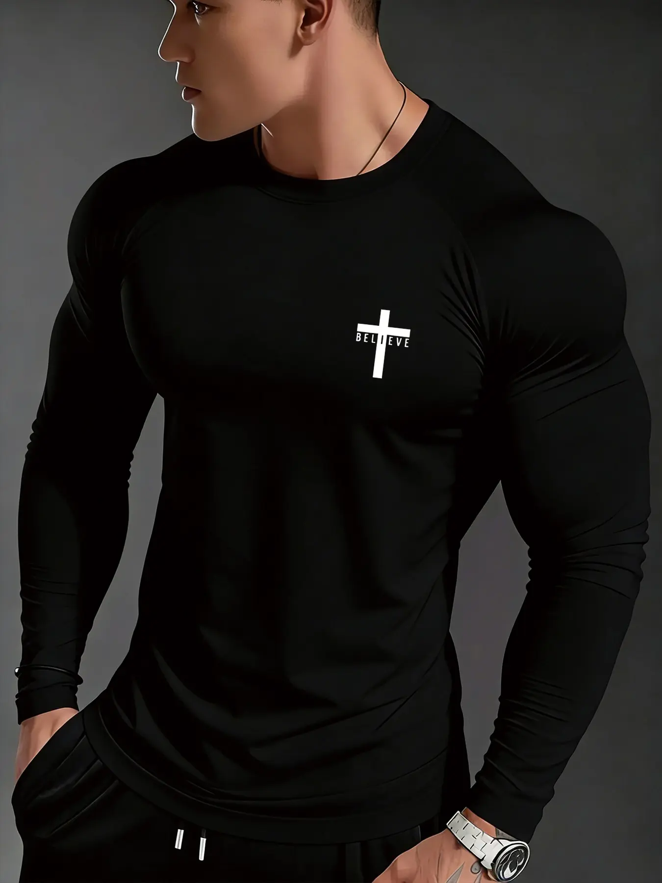 Men's Fitted Long Sleeve Tight Fit Shirt, Believe Cross Mini Tag, Faith Sports Style, High Stretch Breathable Fabric, Gym Training & Daily Wear, Fitness Shirts, Breathable Workout Tops, Breathable Athletic Top