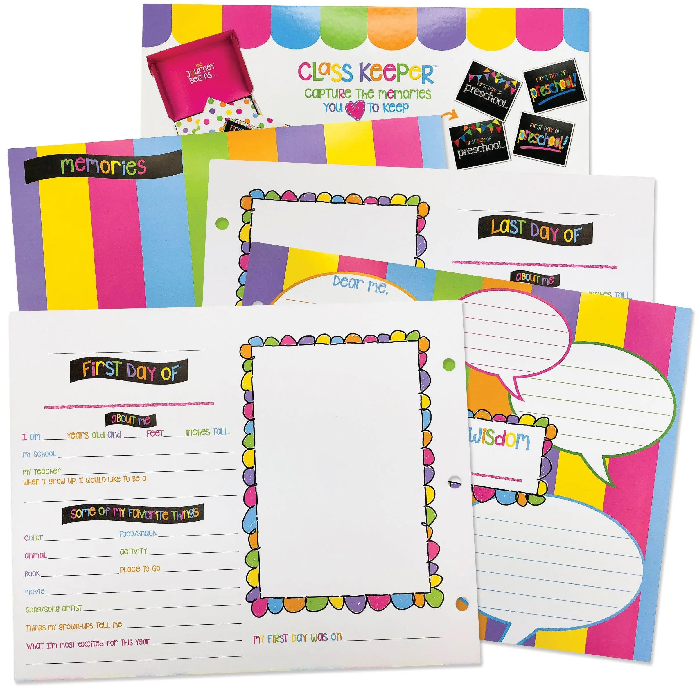 Class Keeper® School Memory Binder Extra First & Last Day Pages, Pastel Primary Colors Pre-Drilled Bonus Pages - 4 Sheets for Preschool Extra Grades & Mess-Ups