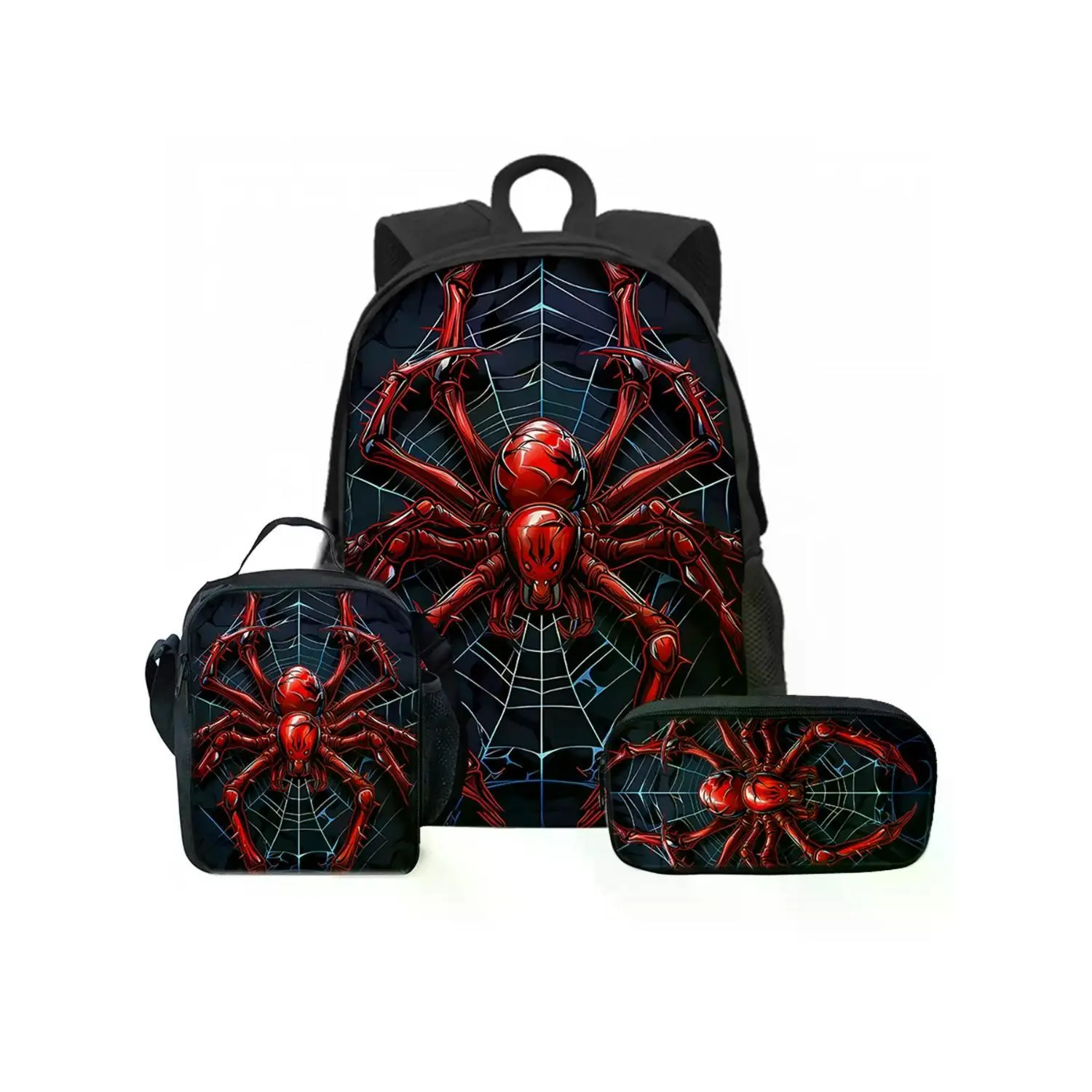 Red Spider Pattern 3-Piece Functional Backpack Set - Front Pocket Backpack, Lunch Bag, Pencil Case