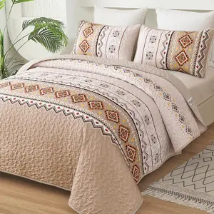 Boho Beige Quilt Set  Size,Geometry Printed Bedspread Coverlet Set with 2 Pillowcases,Soft Bohemian  Set  104"90"