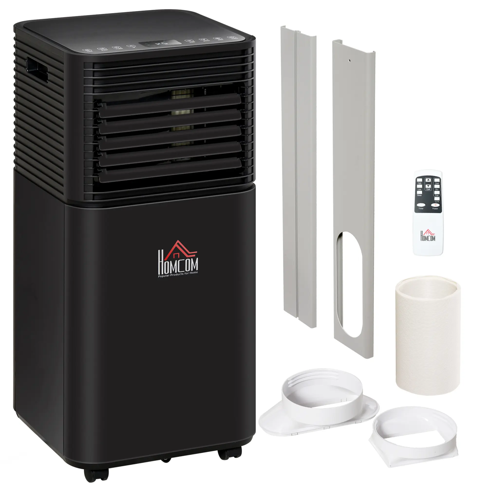 HOMCOM Portable Air Conditioner for Rooms up to 344 Sq.Ft., 3-in-1 Mobile AC Unit with Dehumidifier, Cooling Fan, Sleep, Remote, 24H Timer, Auto Off, Window Installation Kit, Black