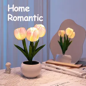 Flower Table Lamp Tulip Desk LED Night Light for Home Living Room Decor Artificial Flower with Vase Table Centerpieces for Birthday Holiday Party Wedding Room Decoration (Pink)